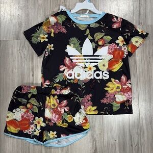 Adidas Black Floral Tee and Shorts Set